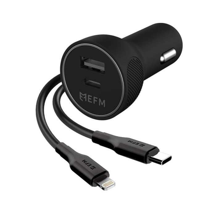 EFM Dual Port Car Charger with USB-C to Lightning Cable